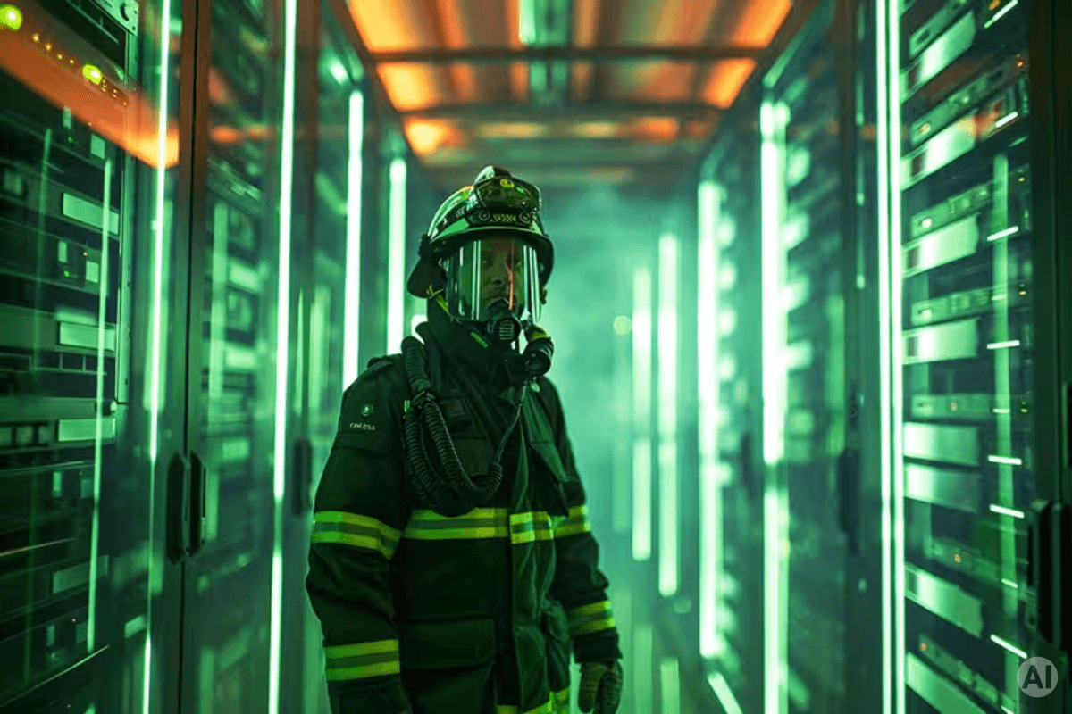 Firefighter in the server room, AI-generated