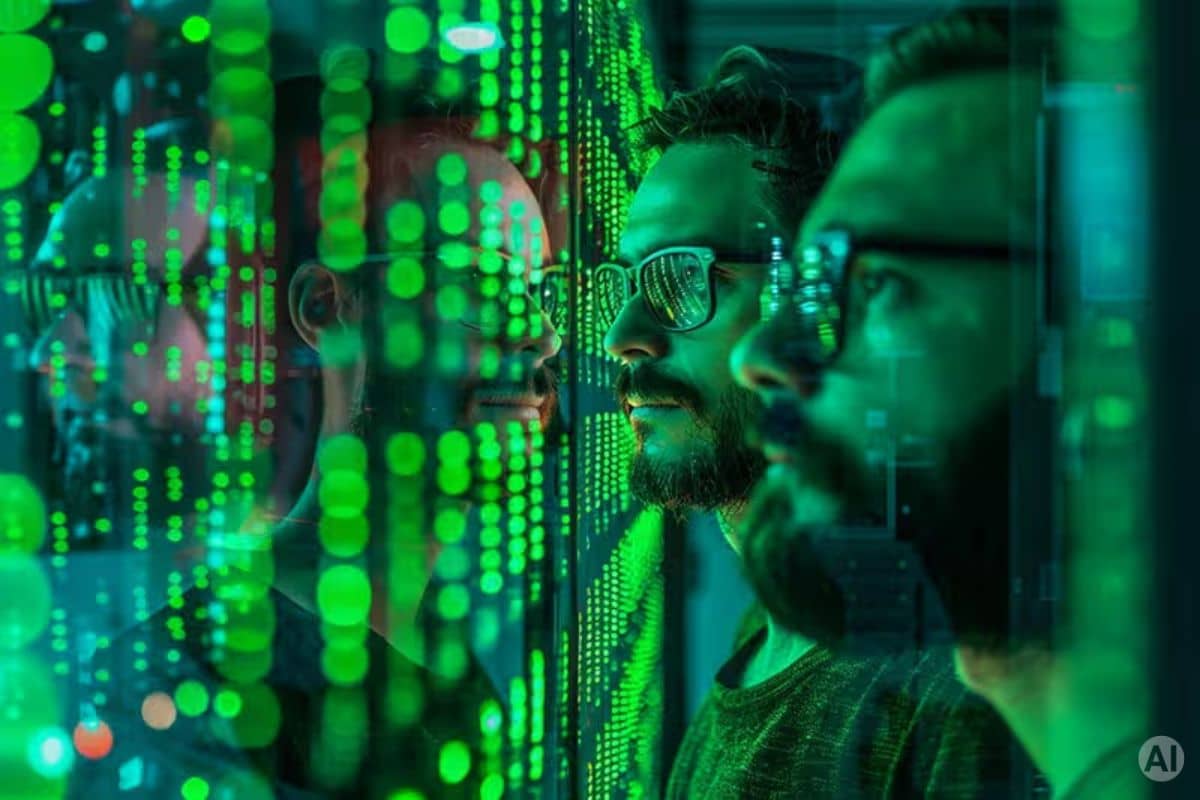 Two men in the server room, AI-generated