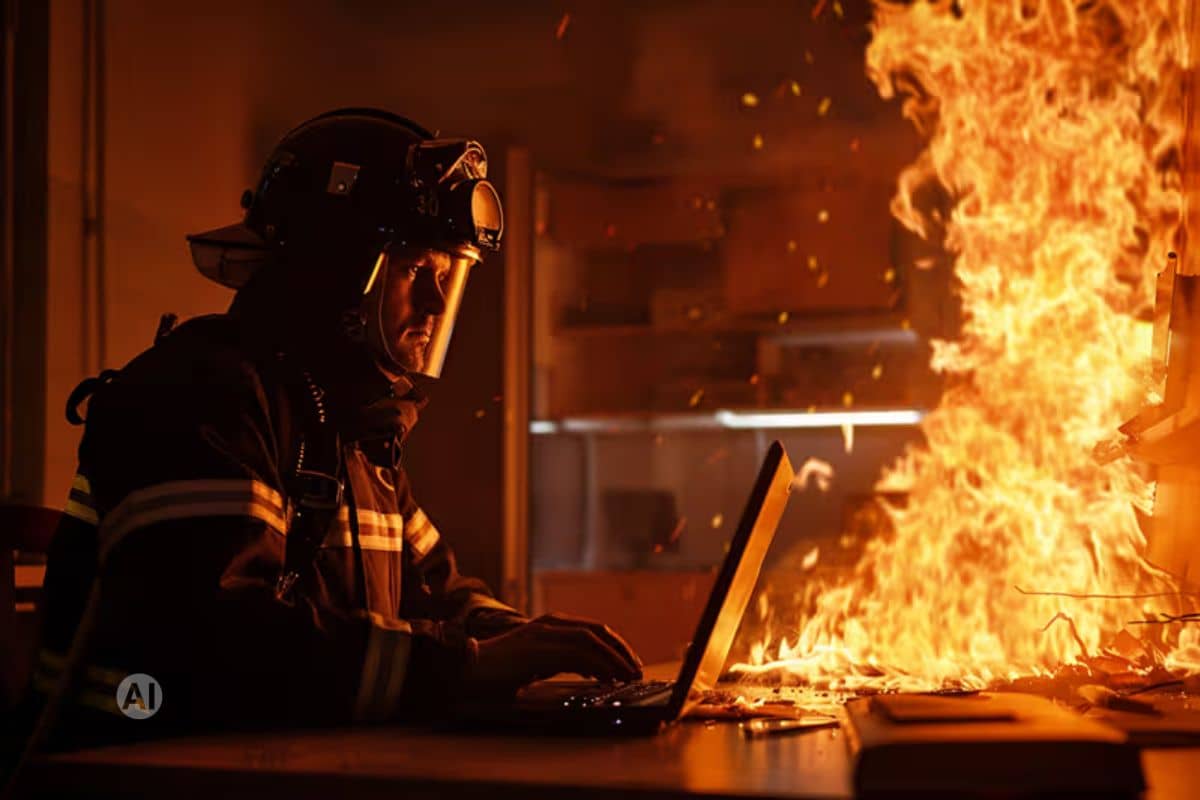 A firefighter in full gear is working on a laptop whilst a fire rages right next to him.