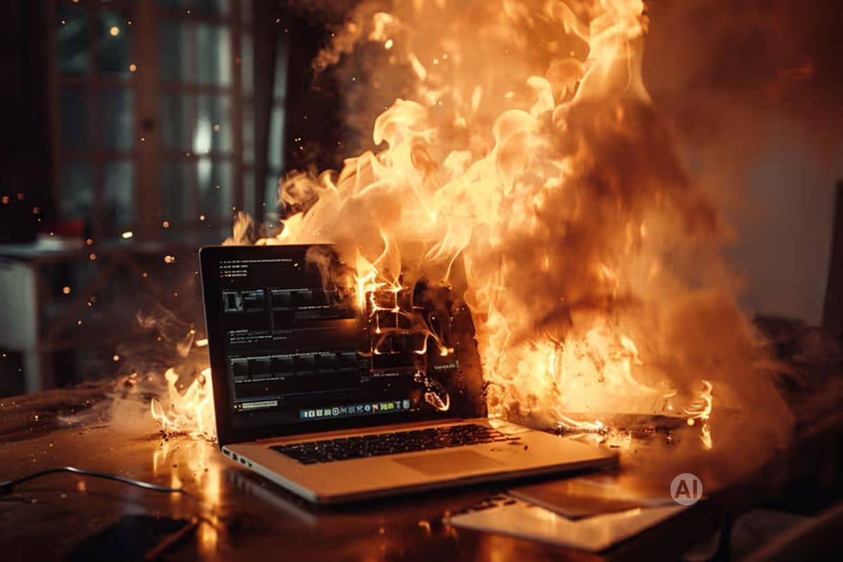 A laptop in an office that is on fire.